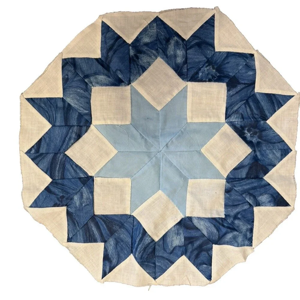 Vintage Hand Pieced Quilt Block Orphan Square 8-Point Star light blue/dark 14